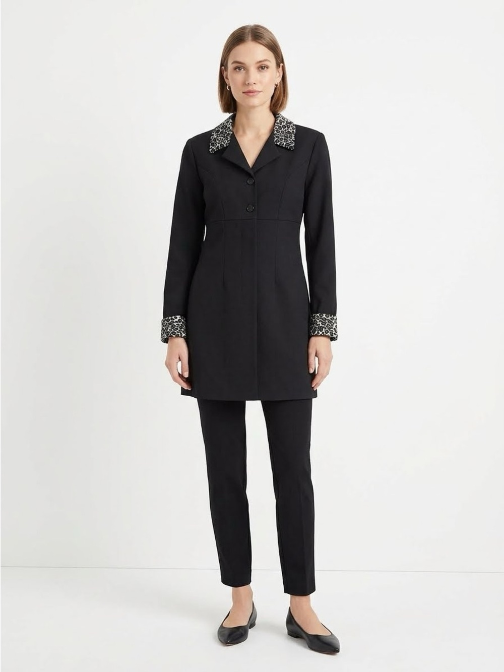 Women's Black Longline Jacket with Patterned Trim Size M